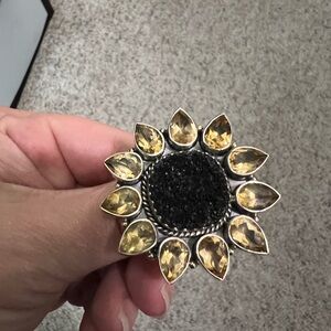 Sterling silver black druzy sunflower ring